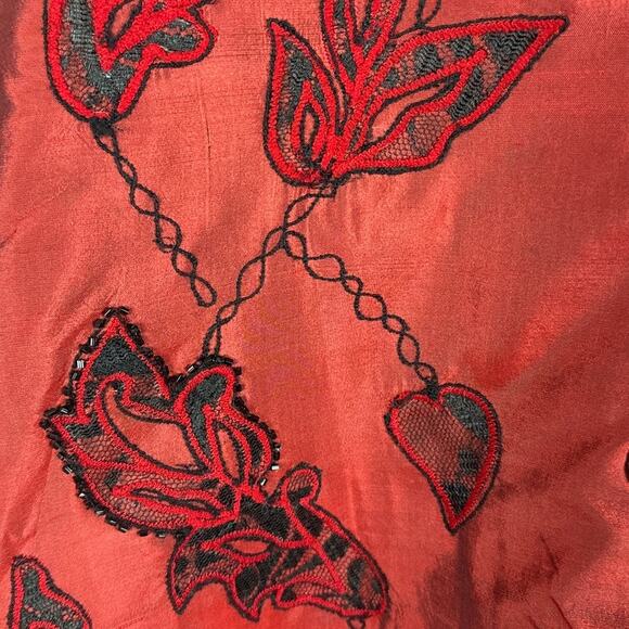 Vintage Women’s Red Silk Blazer Jacket Black Beaded Appliqués Size L Statement - Picture 10 of 10